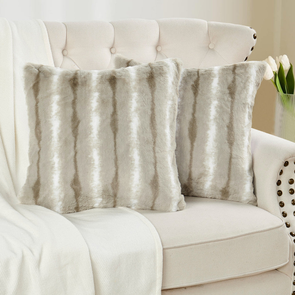 Amanda Stripe Faux Fur 2 Piece Pillow Shell Sets, Oatmeal, 20"x20"