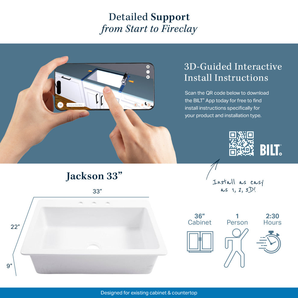 Jackson Crisp White Fireclay 33" Single Bowl Drop-In Kitchen Sink with 4 Holes