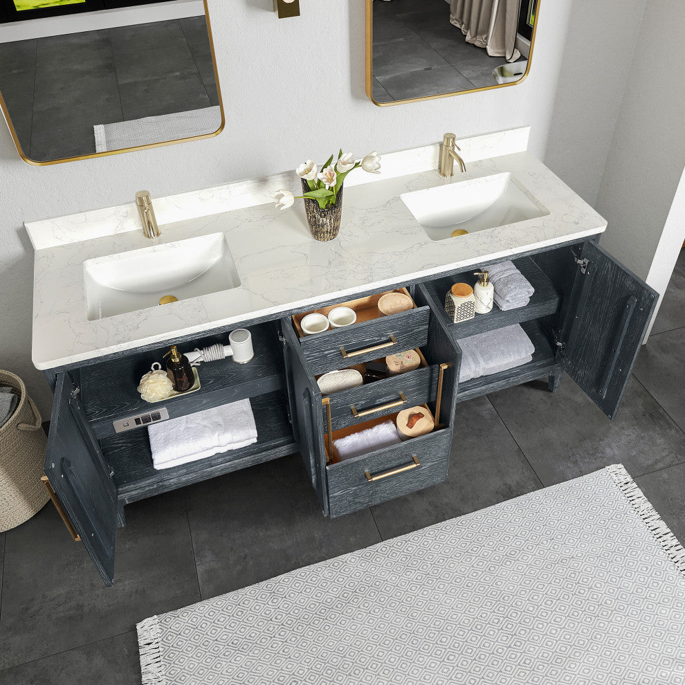 Gara Bath Vanity, Stone Top, Washed Blue, 72", Double Vanity, No Mirror
