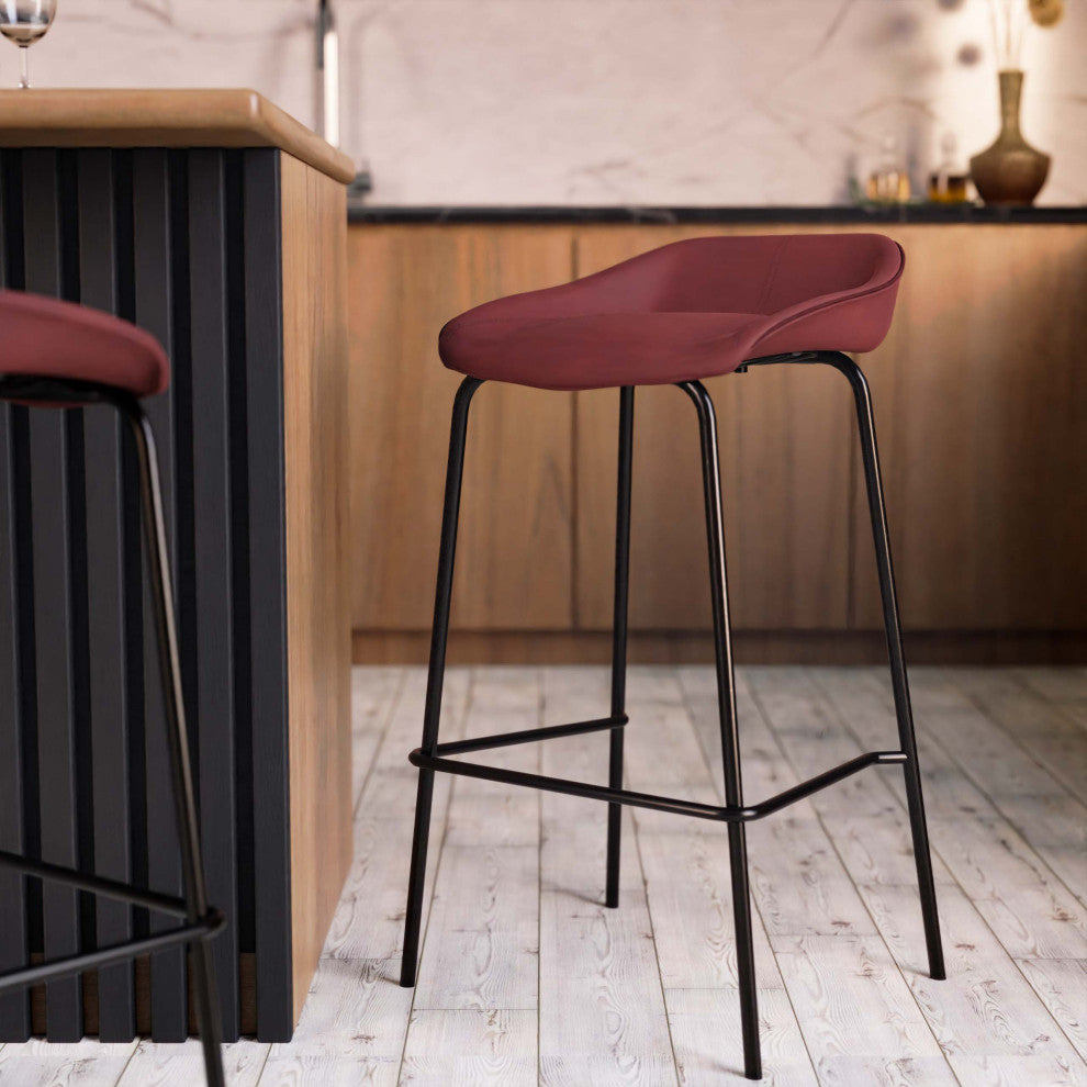 LeisureMod Servos Barstool With Faux Leather Seat and Iron Frame Set of 2, Bordeaux