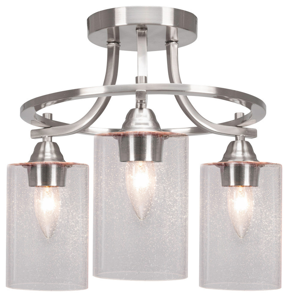 Paramount 3-Light Semi-Flush Light, Brushed Nickel, 4" Clear Bubble Glass