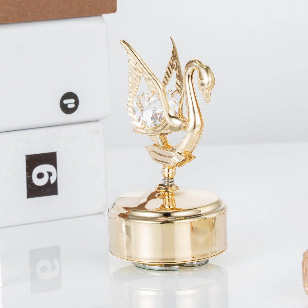 24K Gold Plated Music Box w Swan Figurine