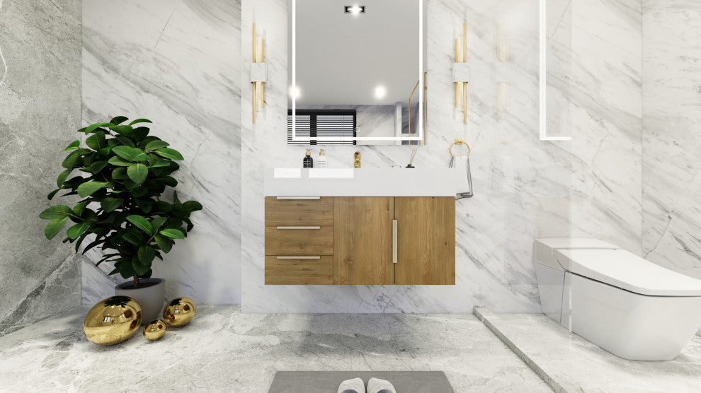 Madison 36" Wall Mounted Vanity With Reinforced Acrylic Sink, Oak