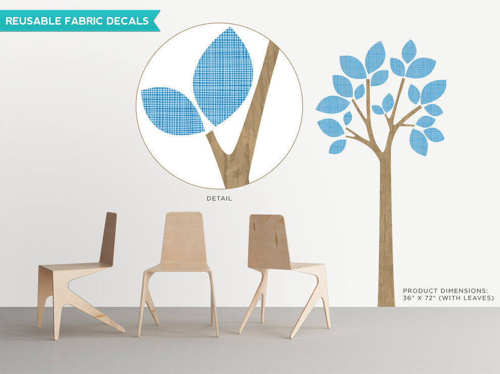 Modern Tree Fabric Wall Decal With Patterned Leaves, Blue