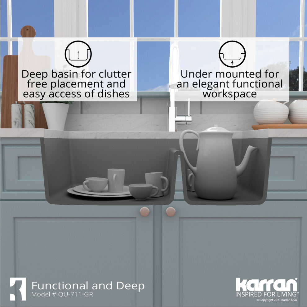 Karran Undermount Quartz 32" 60/40 Double Bowl Kitchen Sink Kit, Grey