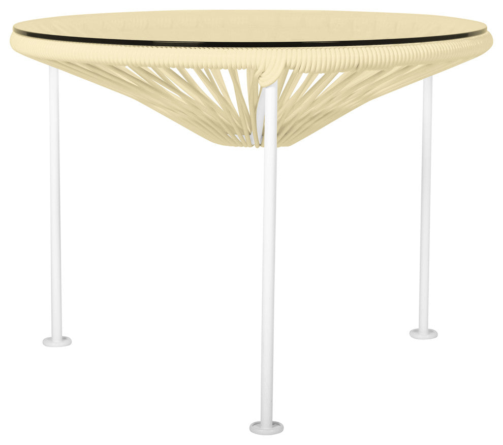 Zicatela Indoor/Outdoor Handmade Side Table, Ivory Weave, White Frame