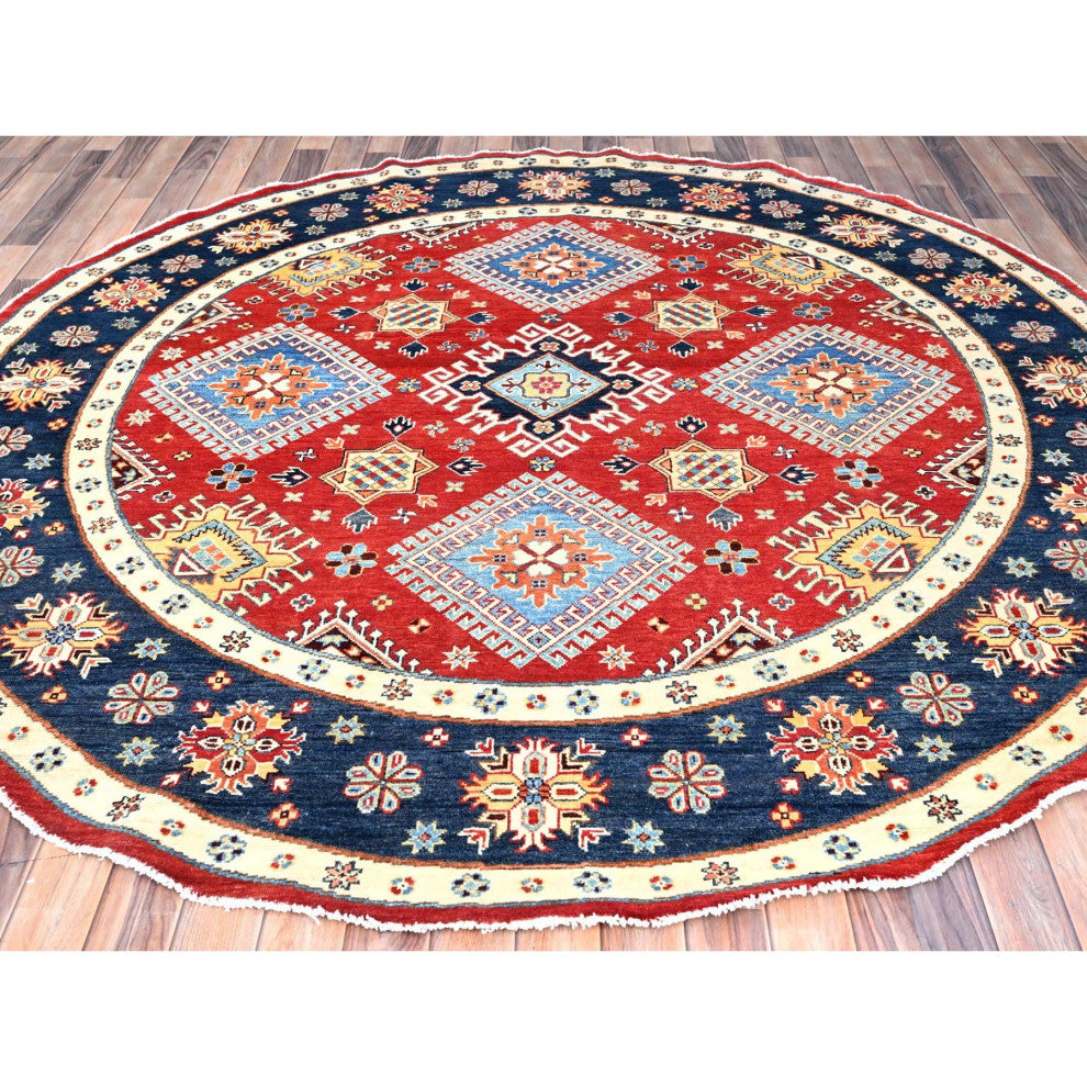 Red, Soft Wool, Special Kazak, Hand Knotted, Round Oriental Rug, 7'10"x7'9"