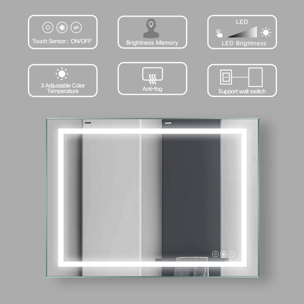 Frameless Anti-Fog Wall Mounted Dimmable LED Bath Vanity Mirror, 36" X 48"