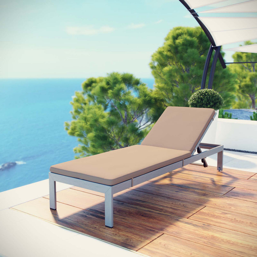 Lounge Chair Chaise, Aluminum, Metal, Silver Brown, Modern, Outdoor Patio Cafe