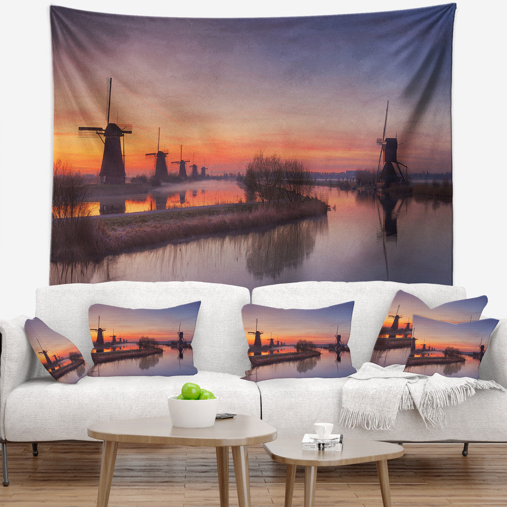Dutch Windmills Panorama Abstract Wall Tapestry, 92"x78"