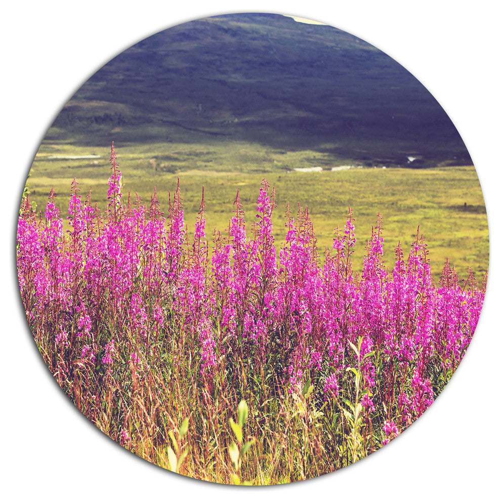 Purple Flowers In Mountain Pasture, Floral Round Wall Art, 11"