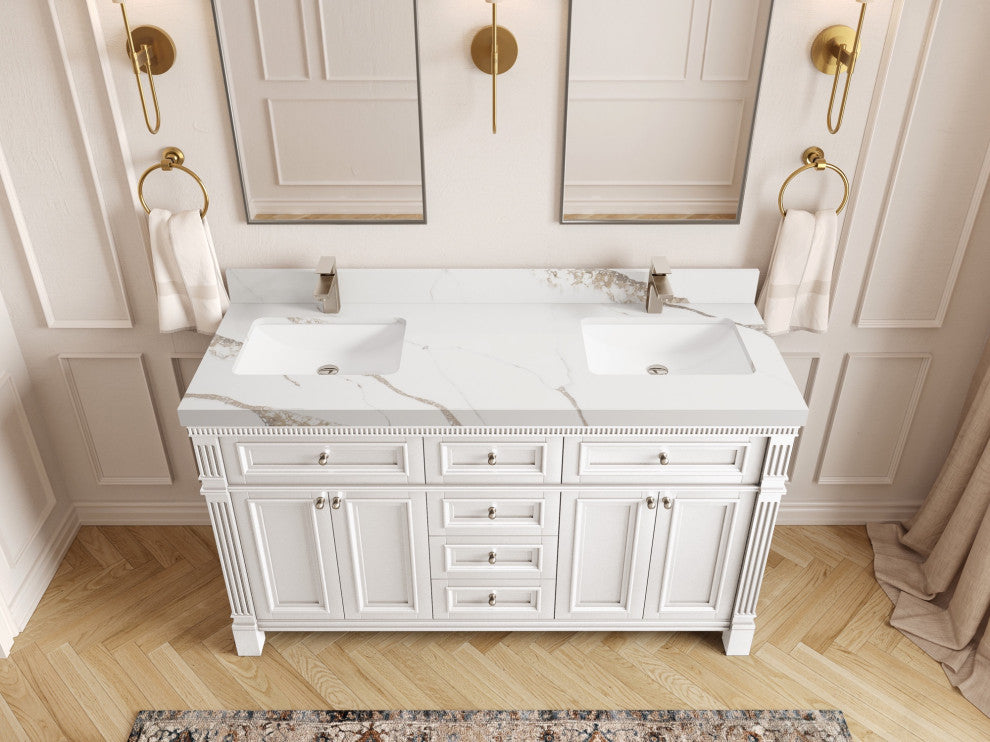 Paris 60" Double Sink Bathroom Vanity, White 2" Calacatta Gold
