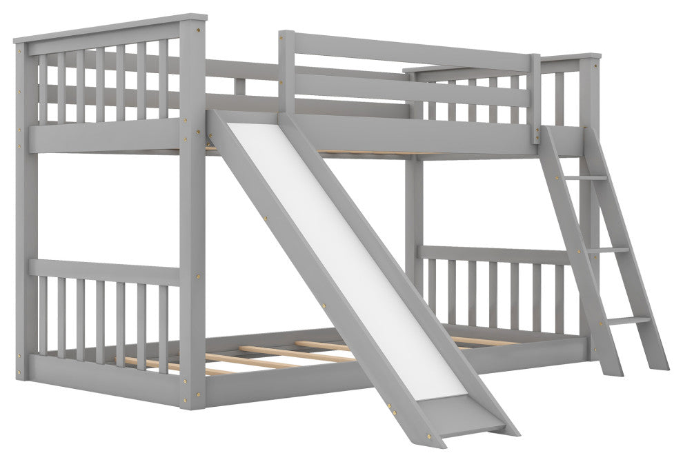 Gewnee Wood Twin Over Twin Bunk Bed with Slide and Ladder in Gray