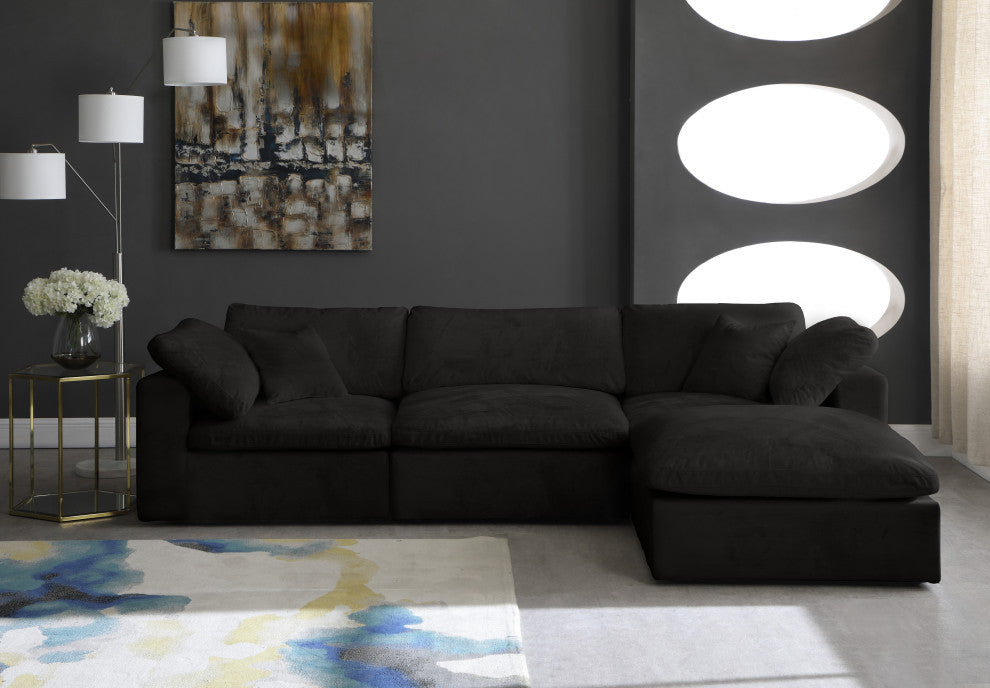 Cozy Velvet Upholstered Comfort L-Shaped Modular Sectional, Black, 4-Piece: 1 Armless Chair, 2 Corner Chair, 1 Ottoman