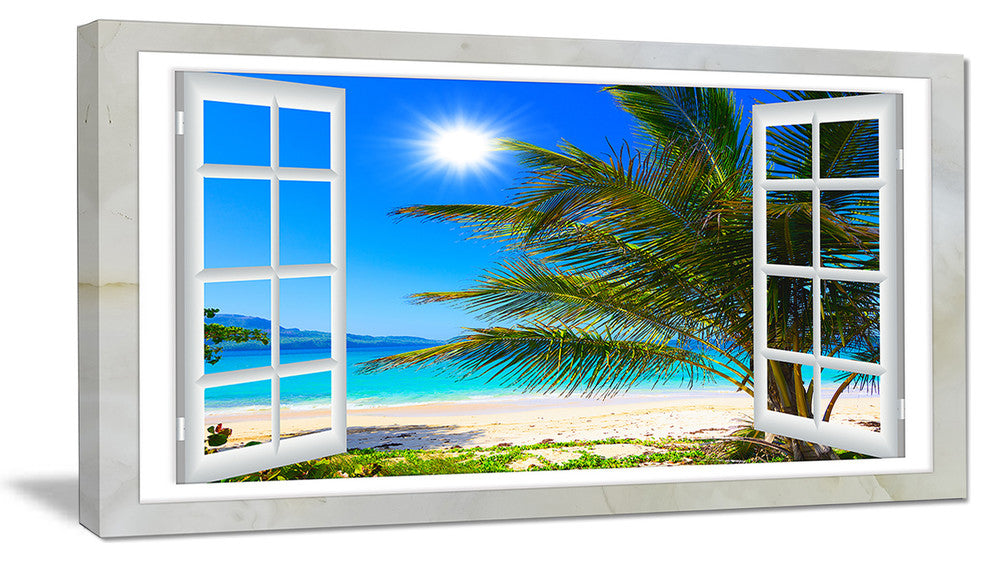 "Window Open To Beach With Palm" Seashore Wall Art, 32"x16"