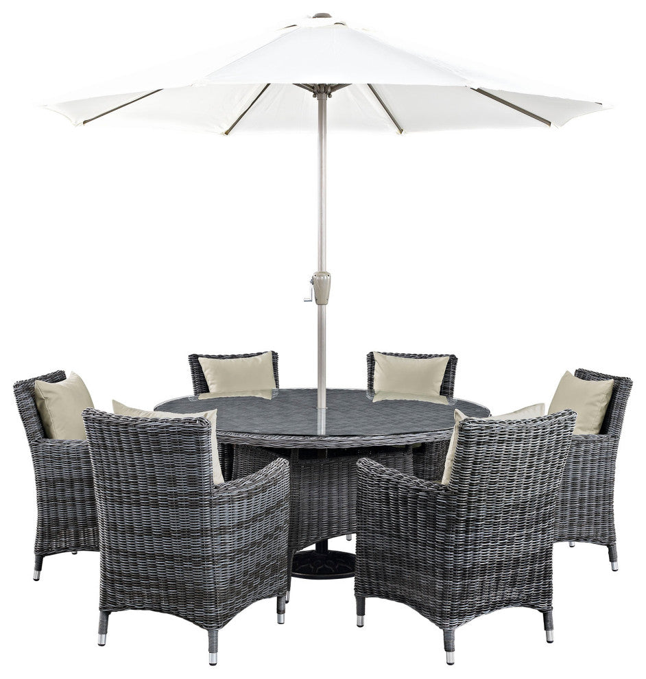 Modway Summon 8 Piece Outdoor Patio Sunbrella Dining Set, Antique Canvas Beige