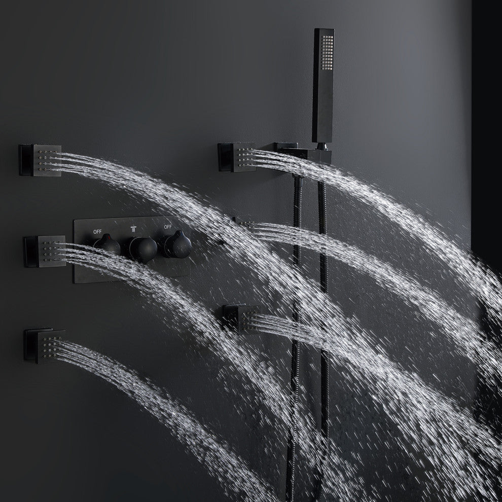 Luxury LED Rain Shower System With Rough-In Valve & 6 Body Jets, Matte Black