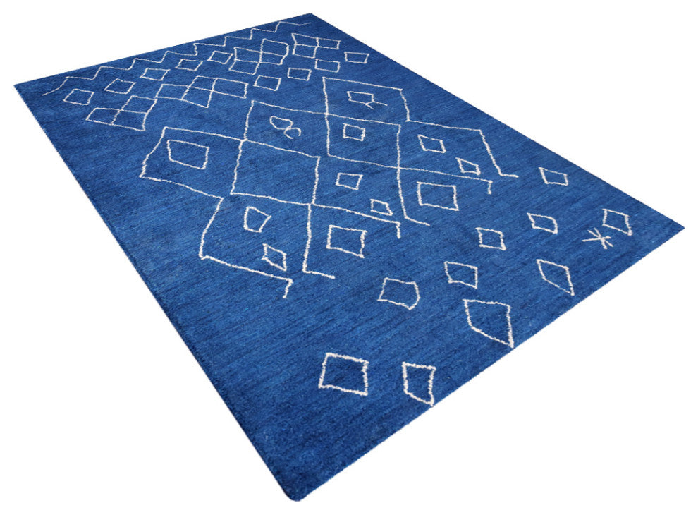 HAND KNOTTED LOOM SILK AREA RUGS-9'x12',Rectangle,Blue White,Contemporary