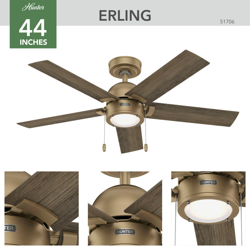 Erling Ceiling Fan, LED Light Kit and Pull Chain, Burnished Brass, 44"