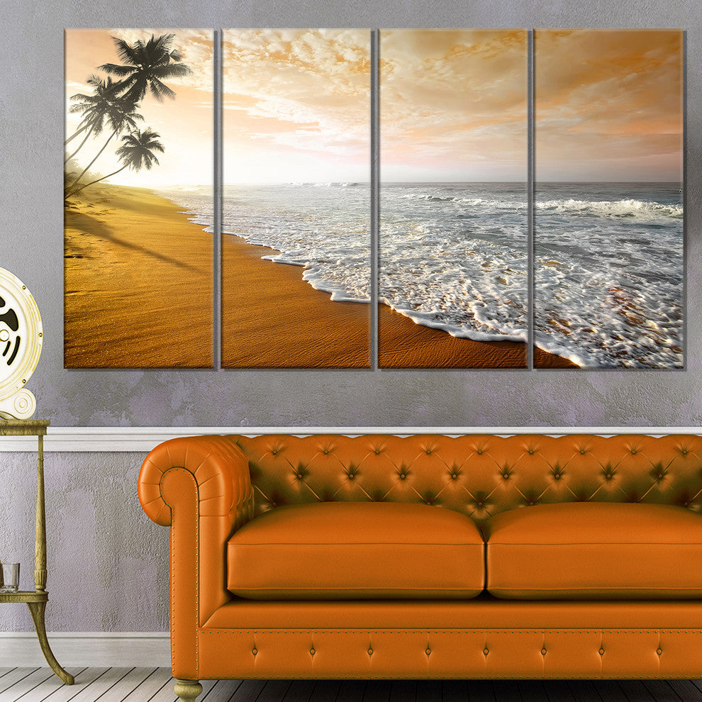 "Wavy Clouds Over Seashore" Seascape Art Canvas, 4 Panels, 48"x28"