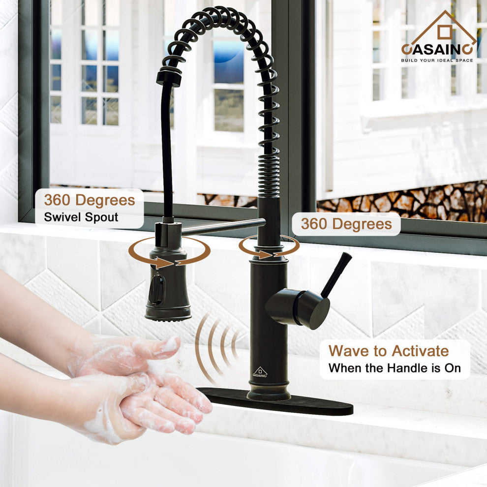 Single-Handle Spring Pull Down Sprayer Kitchen Faucet with Infrared Induction, Matte Black
