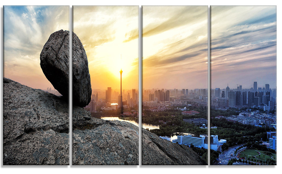 "Buildings And Crag On Rock Panorama" Landscape Wall Wall Art, 4 Panels, 48"x28"