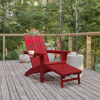 Halifax HDPE Adirondack Chair w/ Cup Holder & Pull Out Ottoman, Red