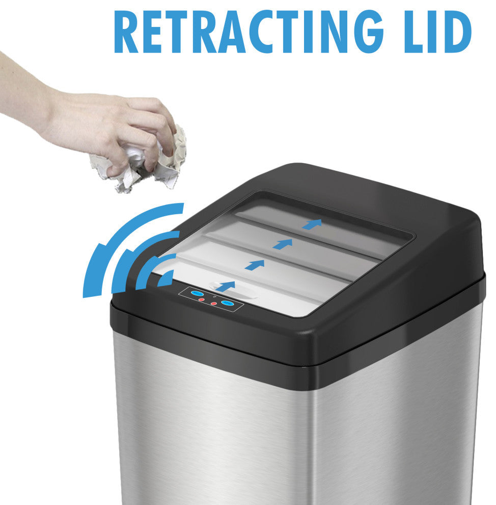 iTouchless 14 Gal Retracting Lid Sensor Trash Can + Odor Filter, Stainless Steel