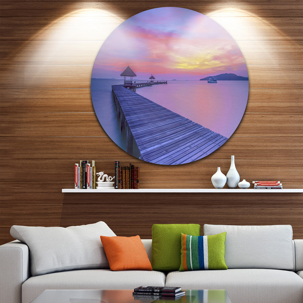 Long Wooden Bridge Into The Sunset, Sea Pier Disc Metal Wall Art, 11"