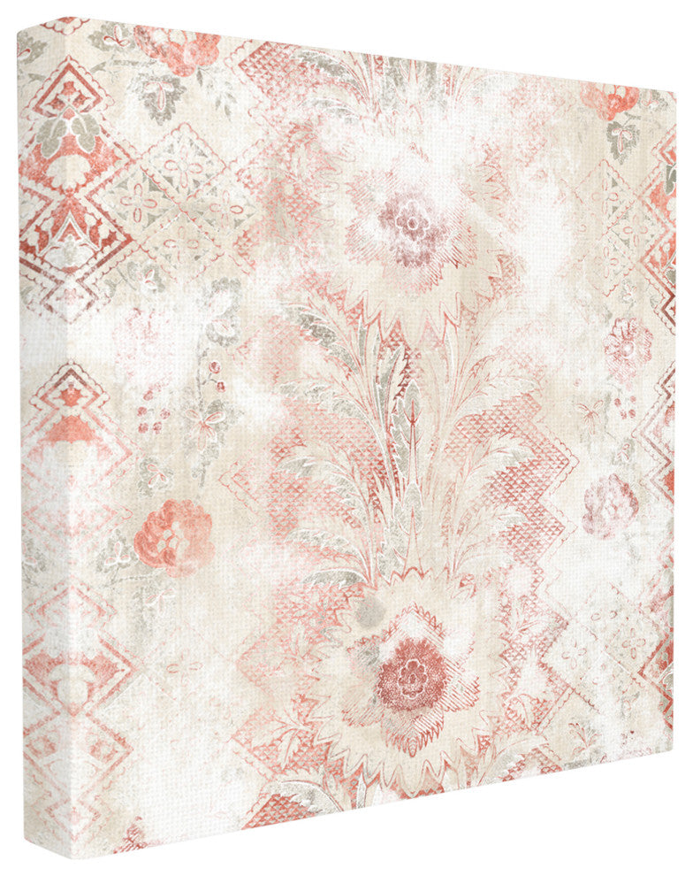 Flower Pattern Textile Red Silver Design, 30"x30", Canvas Art