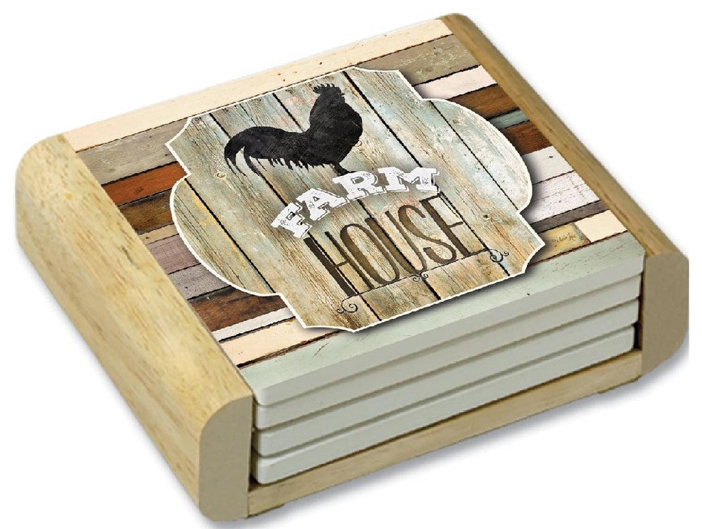 Stone Coasters Wood Holder Farmhouse Rooster Set of 4