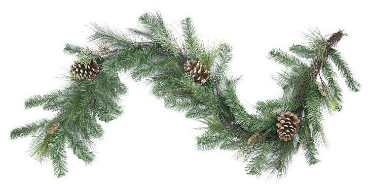 6' x 14" Artificial Mixed Pine with Pine Cones and Gold Glitter Garland