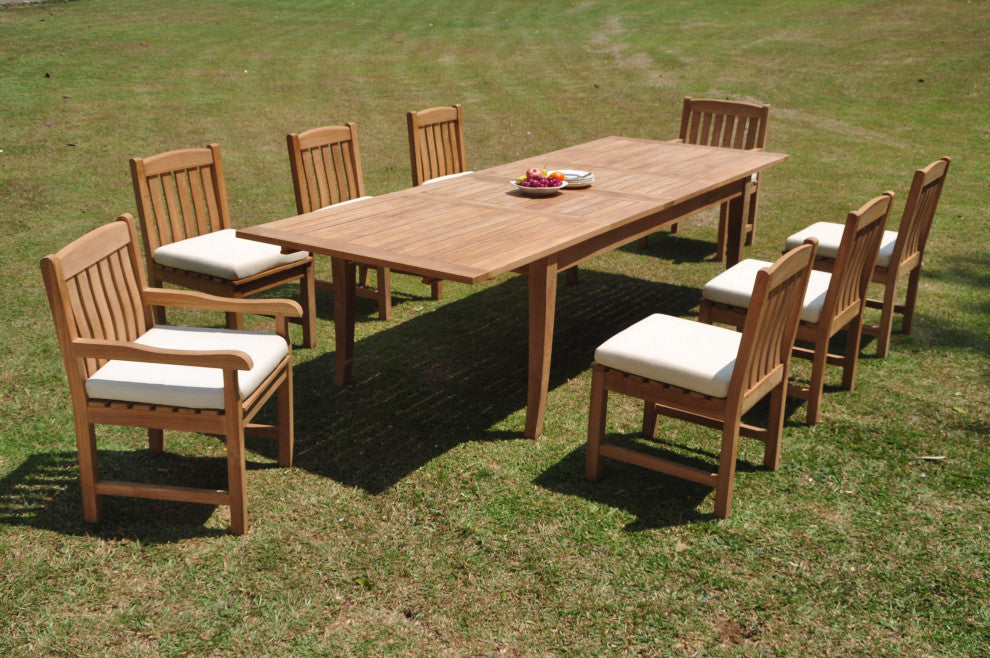 9-Piece Outdoor Teak Set: 122" X-Large Rectangle Extension Table, 8 Devon Chairs