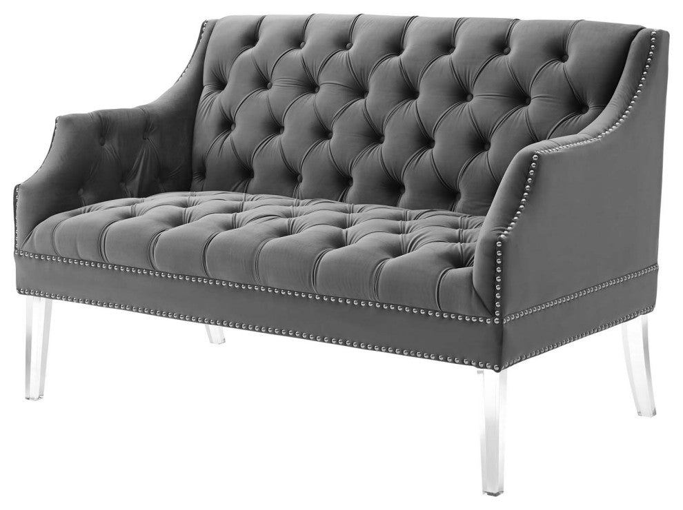 Tufted Loveseat Sofa, Velvet, Gray, Modern, Living Lounge Hotel Hospitality