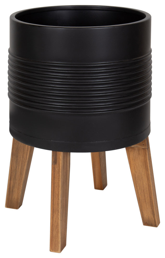 Gavri Metal Planter with Wood Stand, Black 11.25" Diameter
