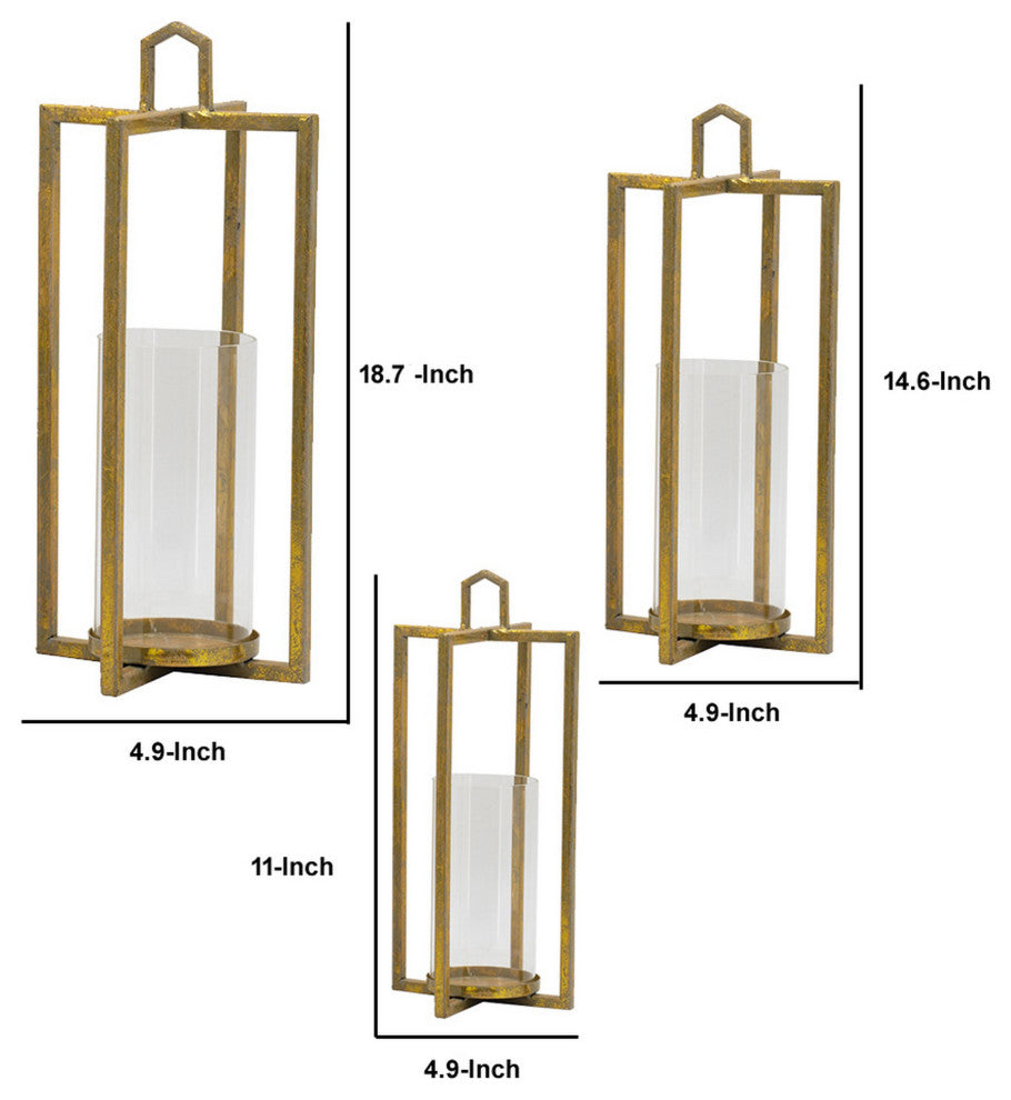 Benzara 11" Lanterns, 3-Piece Set, Tea Light Glass Holders, Modern, Gold