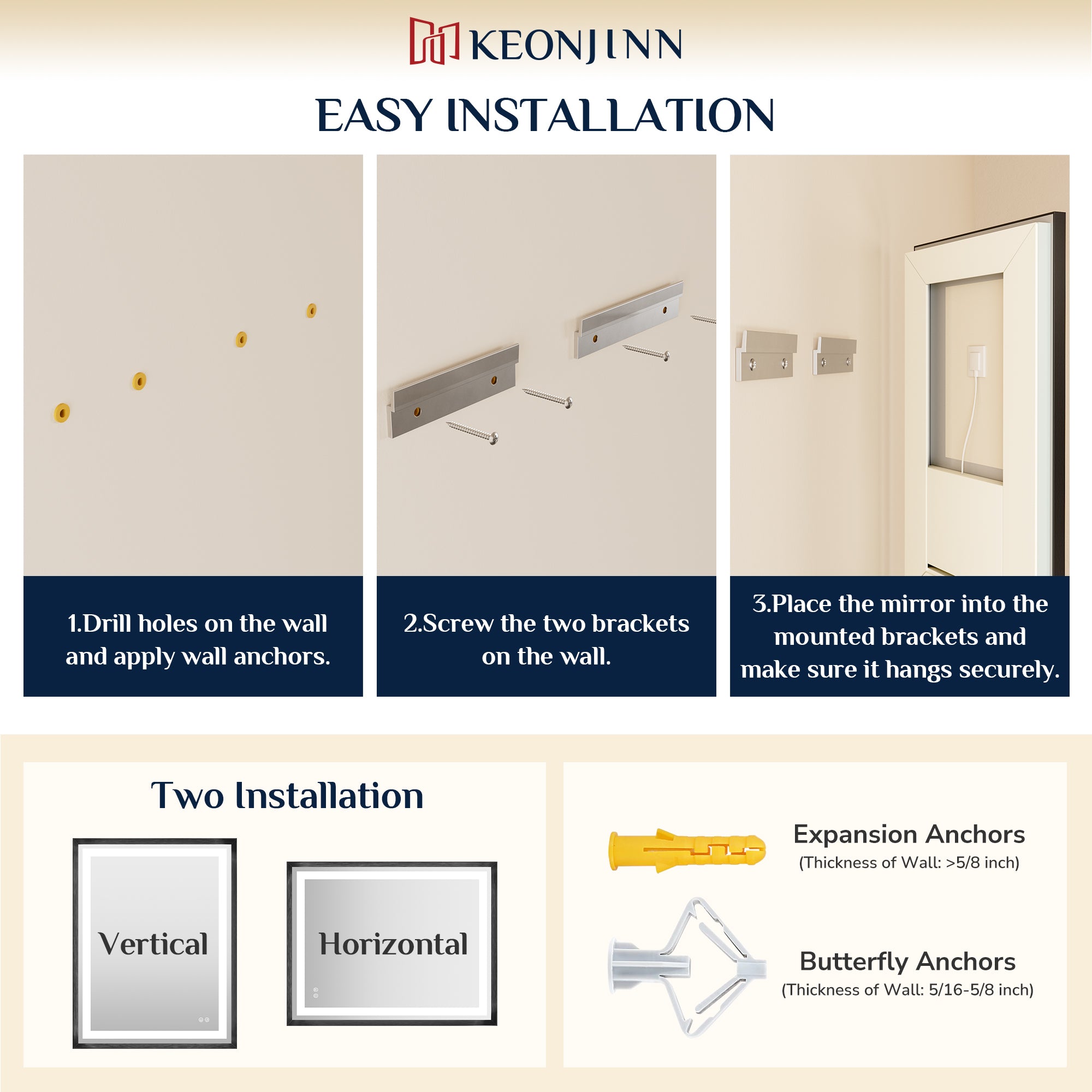 LED Vanity Mirror With Lights Metal Framed Front & Backlit, Dimmable, Black, 55x36