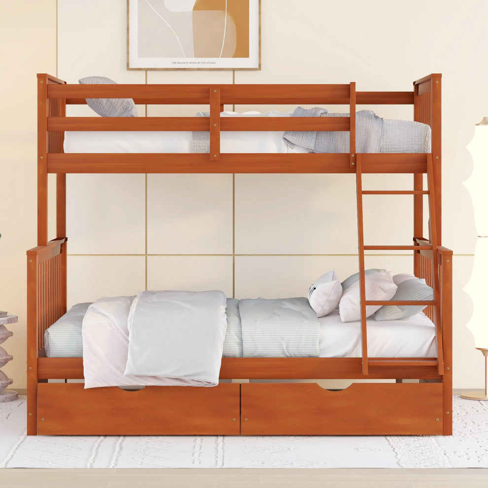 TATEUS Twin Over Full Bunk Bed With Storage Drawers Wood Bunked Bed, Walnut