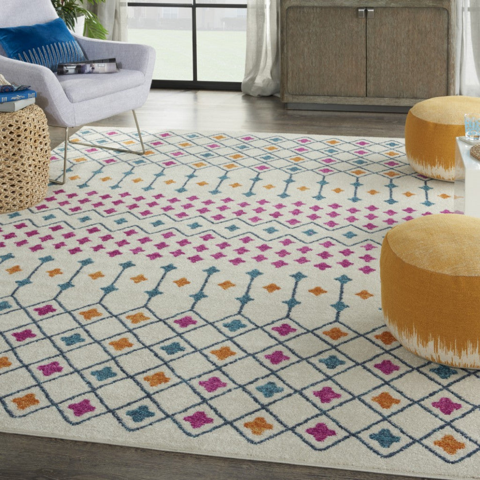 7' X 10' Blue And Ivory Geometric Dhurrie Area Rug