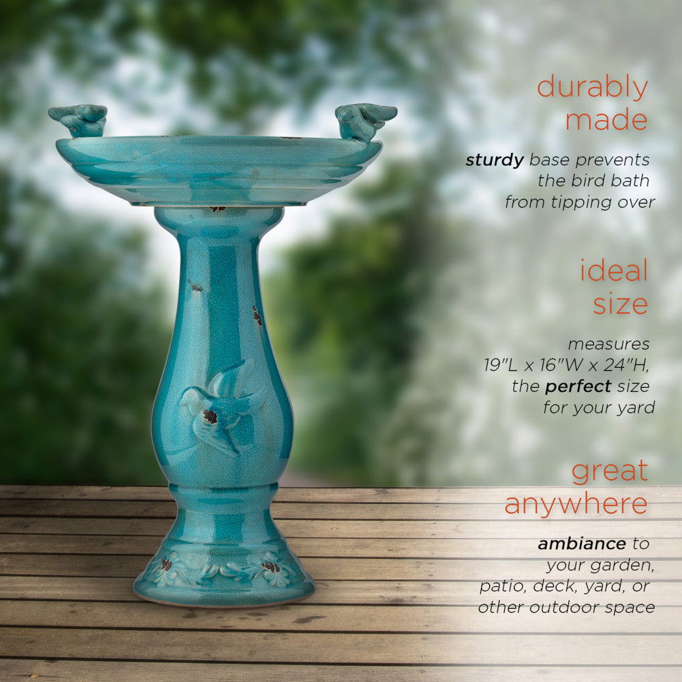 25" Tall Ceramic Antique Pedestal Birdbath with 2 Bird Figurines, Turquoise