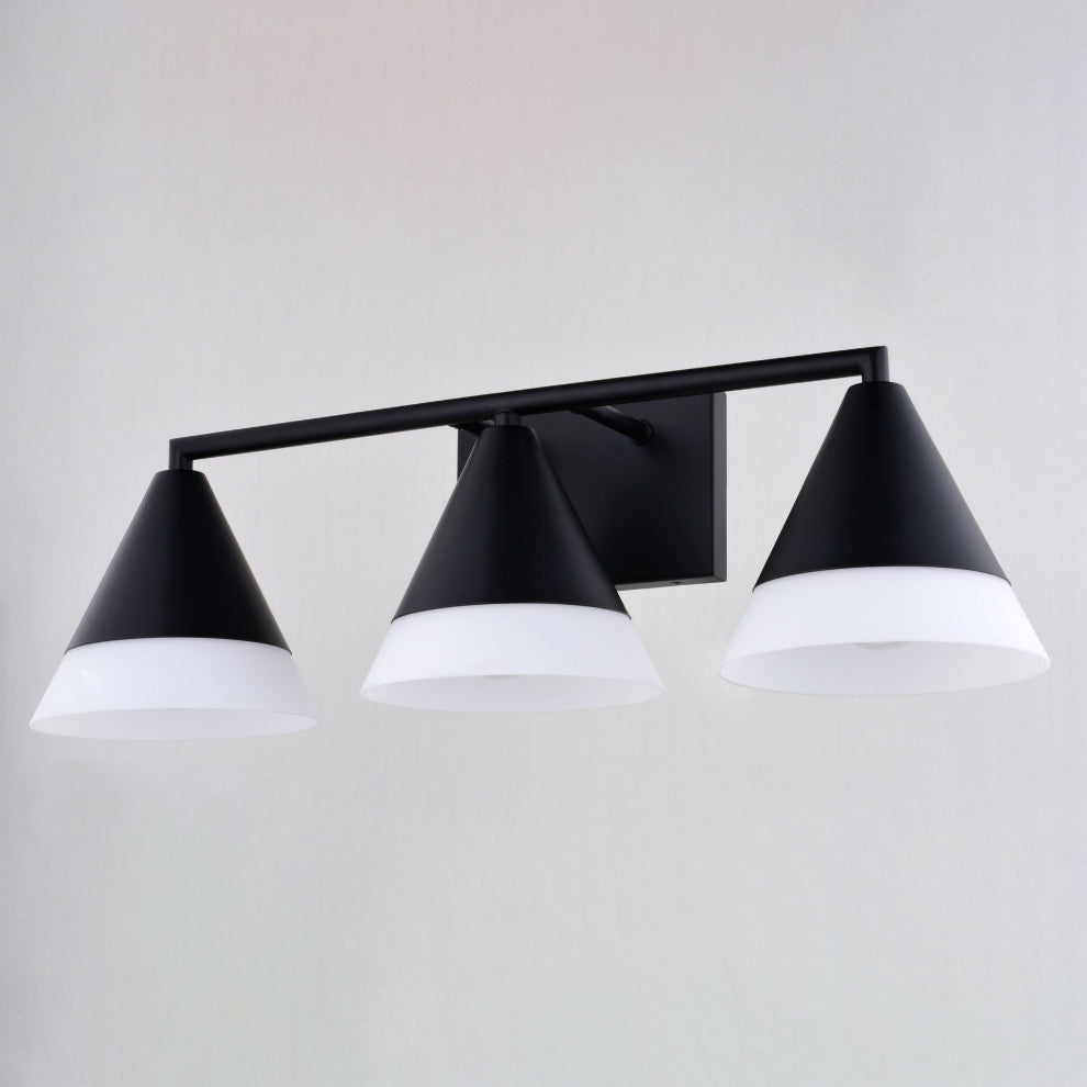 Winthrop 25.25" 3-Light Gold Modern Bathroom Vanity Fixture, White Glass Shade, Matte Black