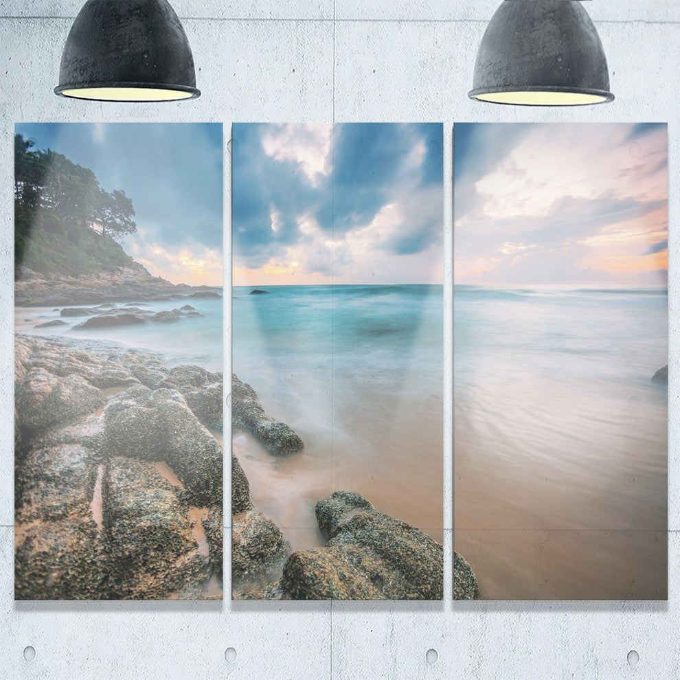 "Gloomy Tropical Sunset Beach" Metal Wall Art, 3 Panels, 36"x28"