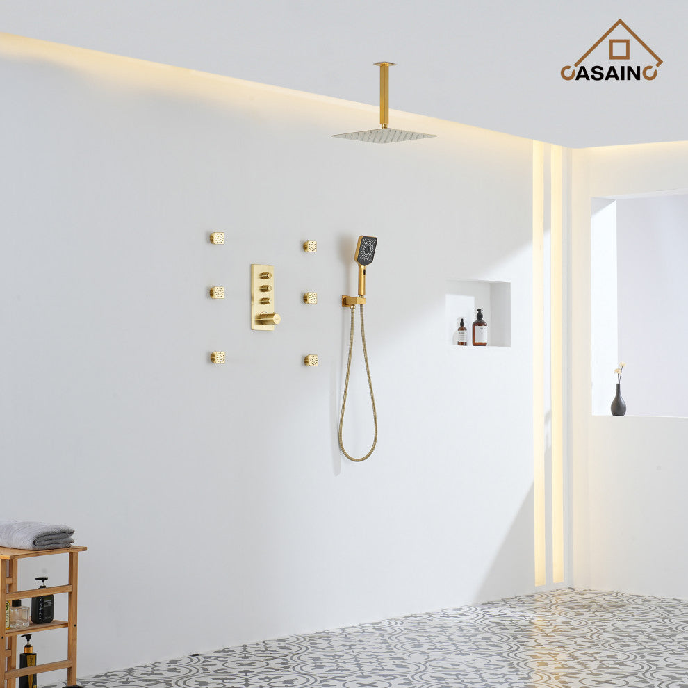 Ceiling Mounted Thermostatic Shower System, Brushed Gold