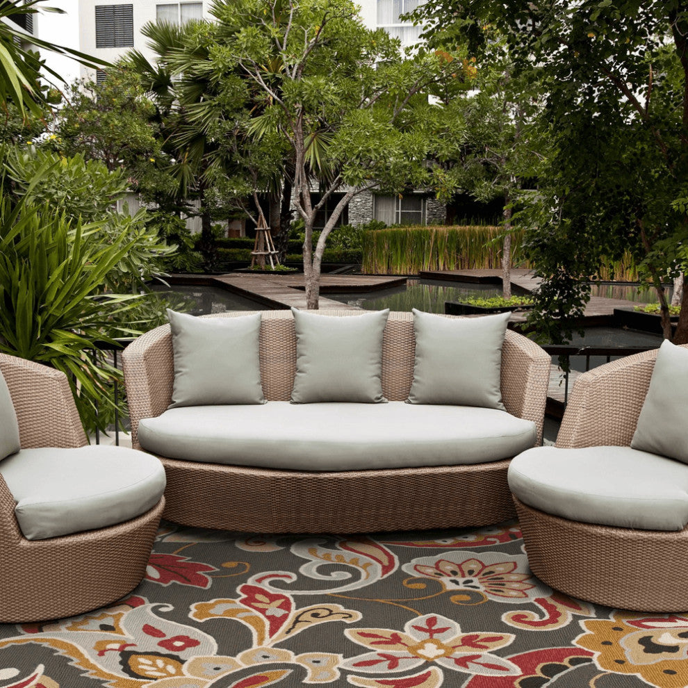 5'X8' Taupe Hand Hooked Uv Treated Floral Indoor Outdoor Area Rug