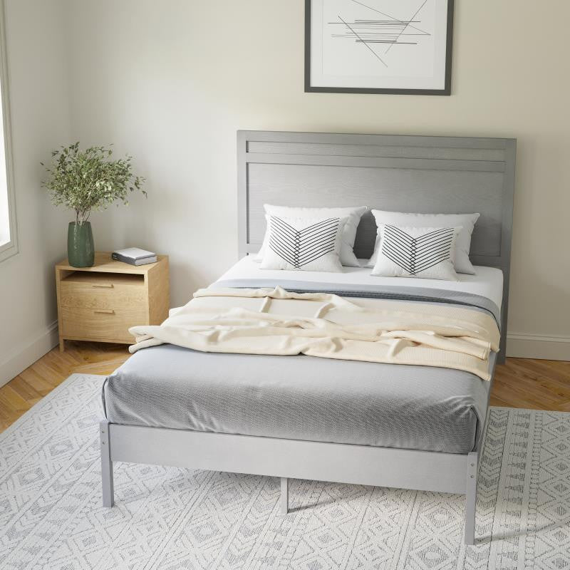 Kingston Solid Wood Platform Bed with Wooden Slats and Headboard, Gray, Full
