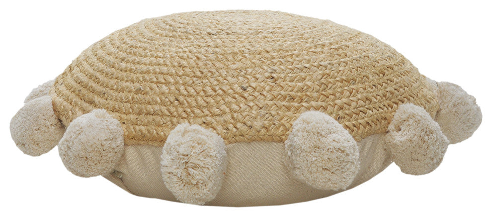 Natural Jute Throw Pillow with Pom Poms Border, Round