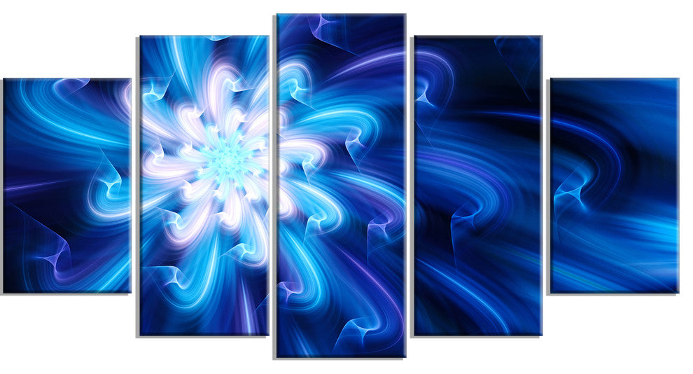 Exotic Blue Flower Dance of Petals, Floral Canvas Art Print, 60"x32", 5 Panels