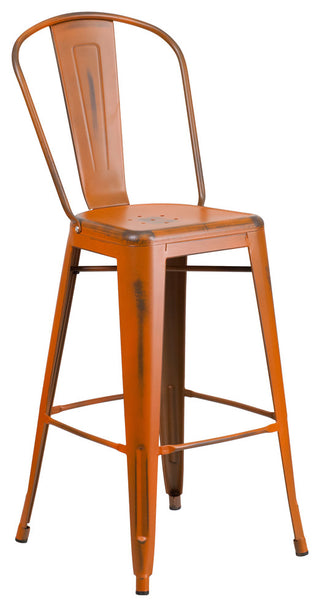 Commercial Grade 30"High Distressed Orange Metal Indoor-Outdoor Barstool, Back