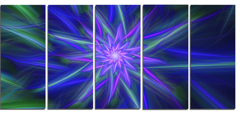 Shining Blue Exotic Fractal Flower, Floral Canvas Art Print, 60"x28", 5 Panels