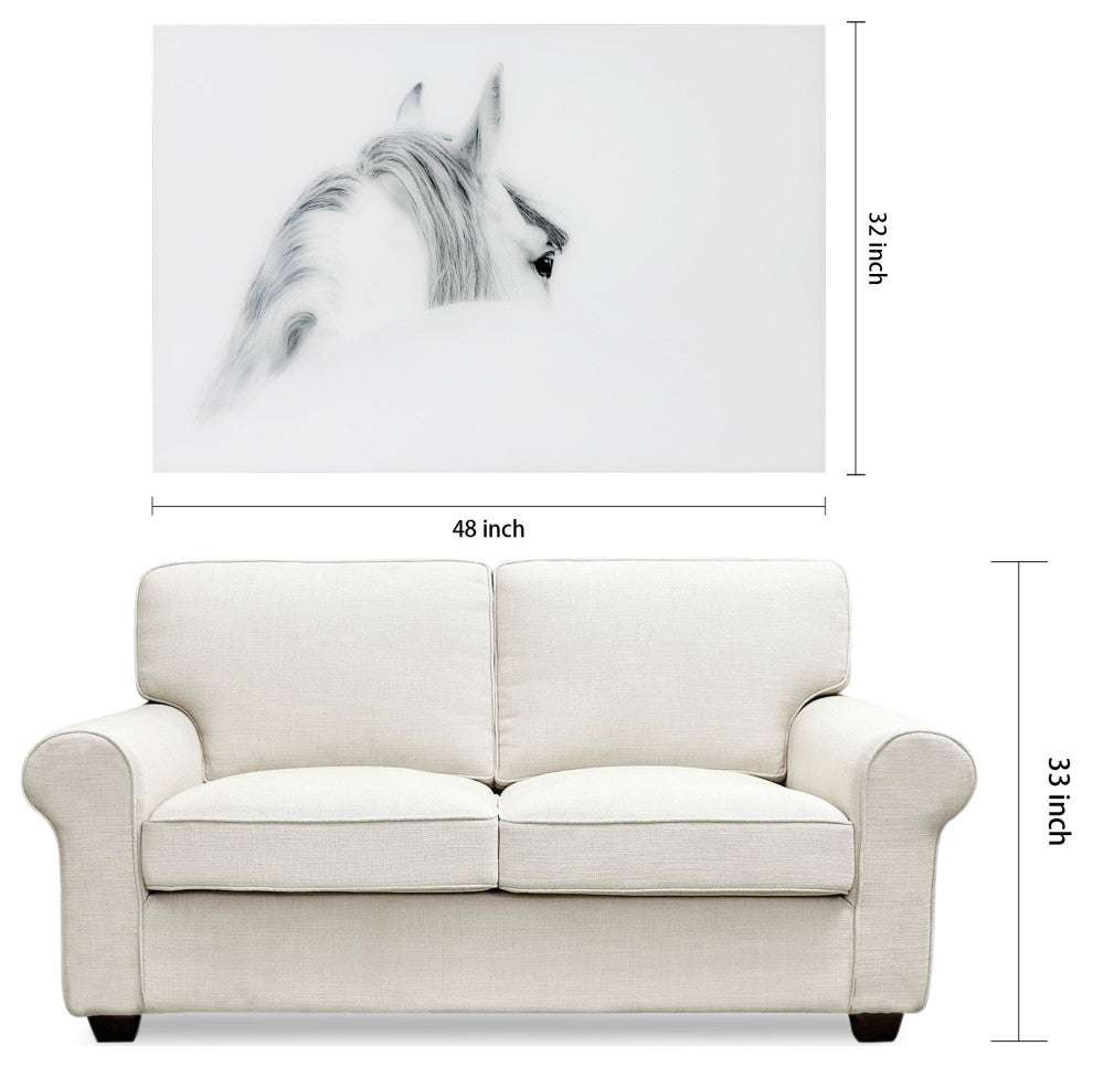 White Horse Wall Art Frameless Free Floating Tempered Glass Panel, 48" x 32"
